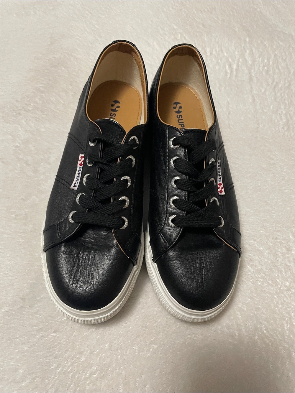 Superga Black Leather Platform Sneakers with White Sole 6.5M - Picture 3 of 11